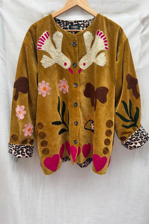 Love Birds Embroidered Velvet Jacket - Ochre