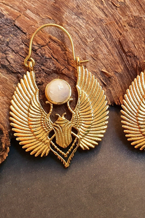 Brass Scarab & Moonstone Earrings