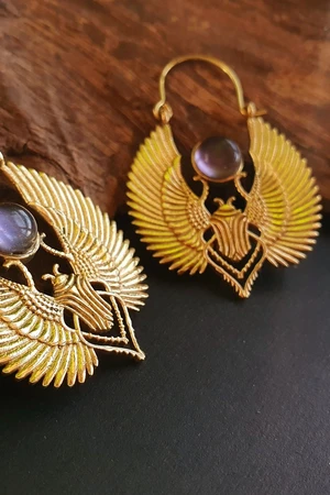 Brass Scarab & Amethyst Earrings