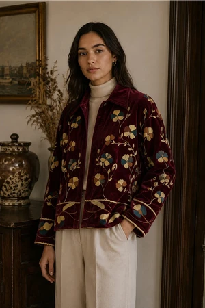 Embroidered Velvet Cropped Jacket - Burgundy