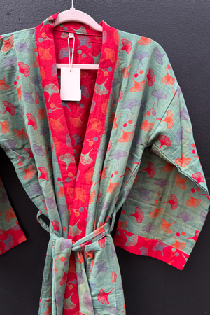 Cotton Gauze Gown - Green Ginko Leaf
