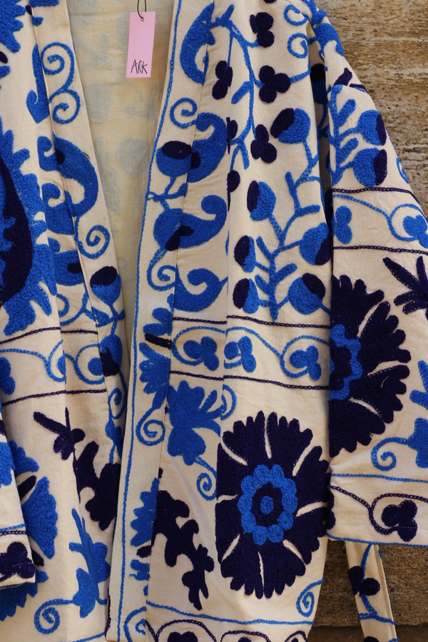 Embroidered Shawl Jacket - Cream/Blue