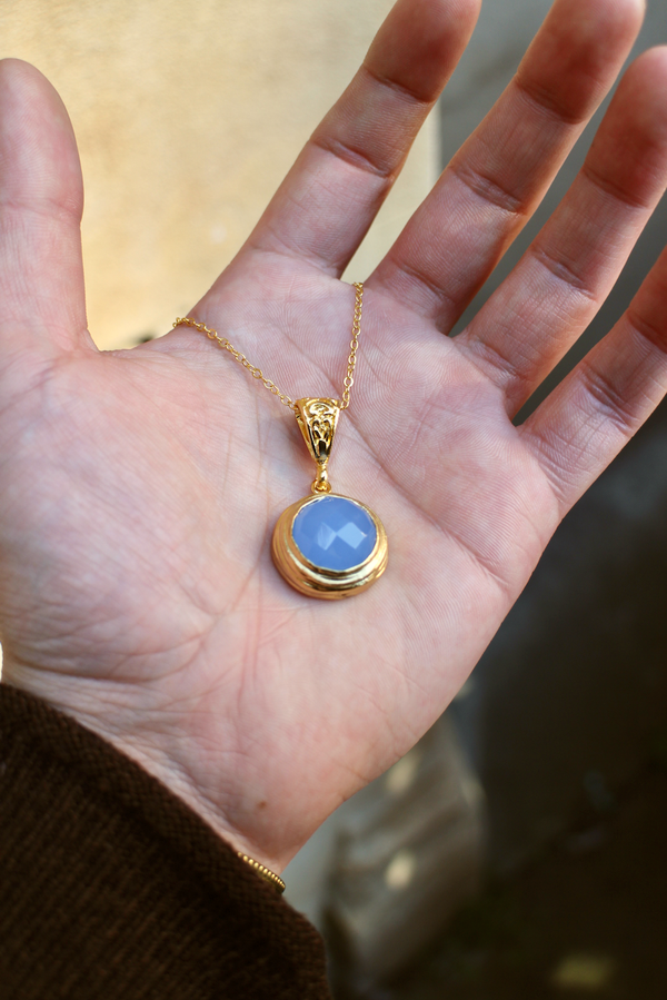 Gold Circular Necklace - Blue Chalcedony