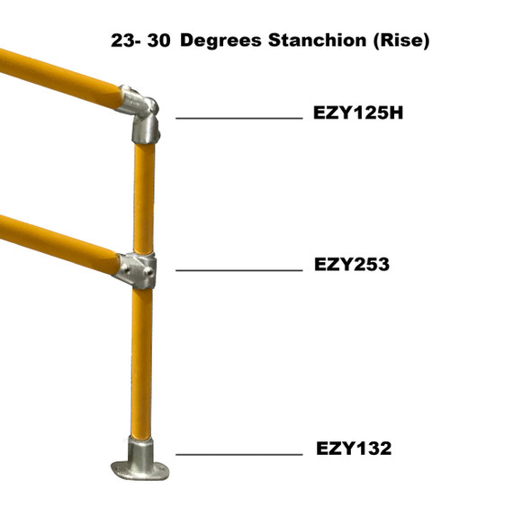 Ezyrail - End stanchion (Rise) w/ Straight Angle Base Fixing Plate 23°-30° fittings - Galvanised Or Yellow