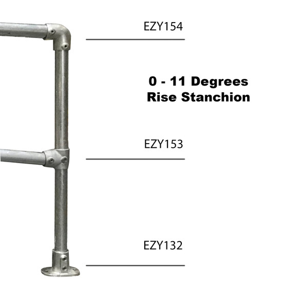 Ezyrail - End stanchion (Rise) w/ Straight Angle Base Fixing Plate 0°-11° fittings - Galvanised OR Yellow