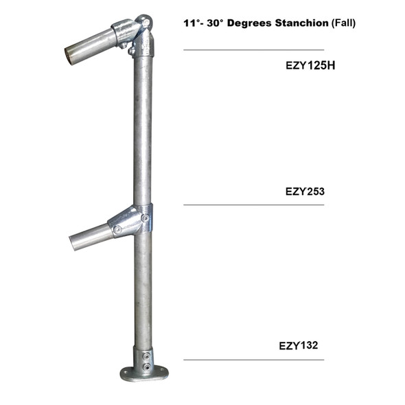 Ezyrail - End Stanchion (Fall) w/ Straight Angle Base Fixing Plate 11°-30° Fittings -Galvanised Or Yellow