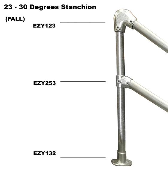 Ezyrail - End Stanchion (Fall) w/ Straight Angle Base Fixing Plate 23°-30° Fittings - Galvanised Or Yellow