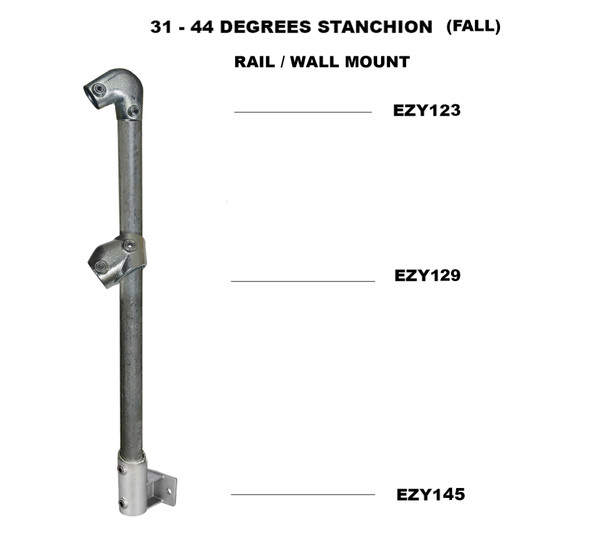 Ezyrail - End Stanchion (Fall) w/ Rail Mount Fixing Plate - 31°- 44° - Galvanised Or Yellow