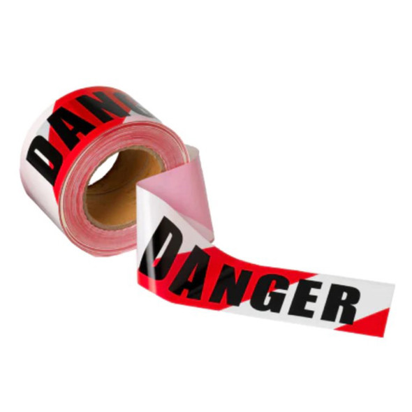 Barrier tape - DANGER - 75mm Wide 100 Metre Roll - Black on Red/White tape