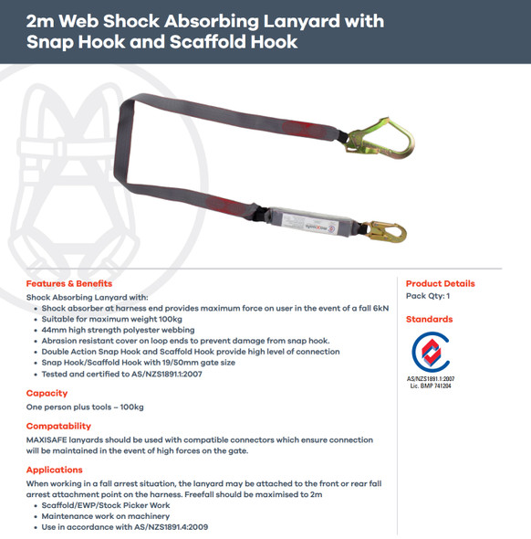 Web Shock Absorbing Lanyard w/ Snap hook & Scaffold Hook - 2 Metres