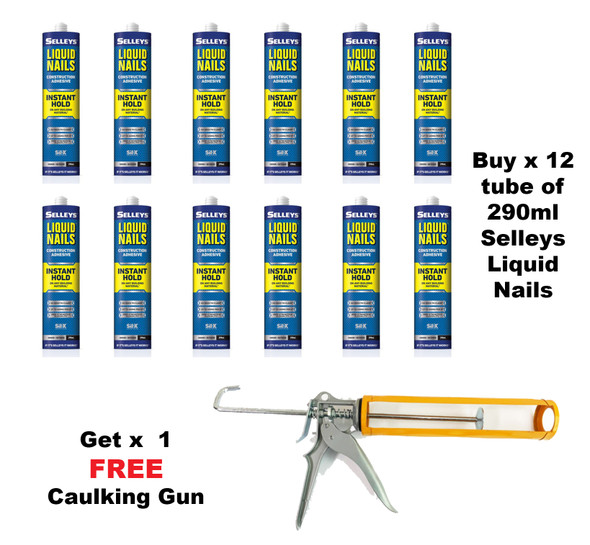 Box of Selleys Liquid Nails Instant Hold Adhesive 290ml Cartridge with BONUS Caulking Gun