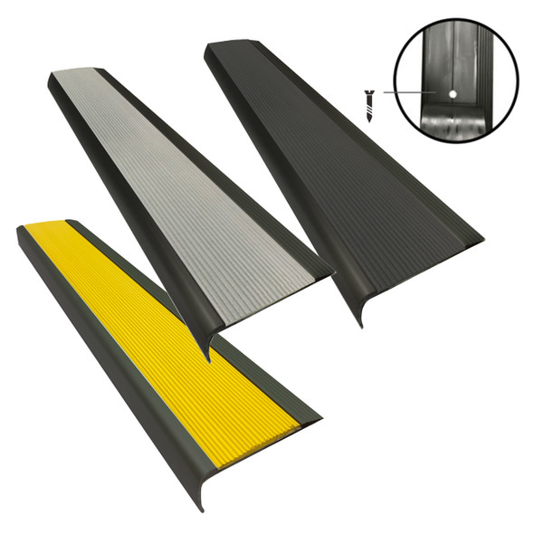 Black Anodised Aluminium Stair Nosing w/ Black OR Yellow Or Grey Rubber Insert 75mmx30mm - Per Metre