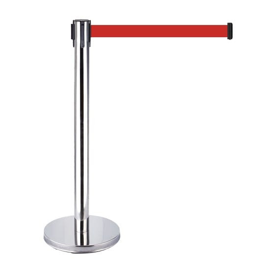 Bollard - Retractable Belt Queue Bollard 5 Metres Stainless Steel w/ Matching Base