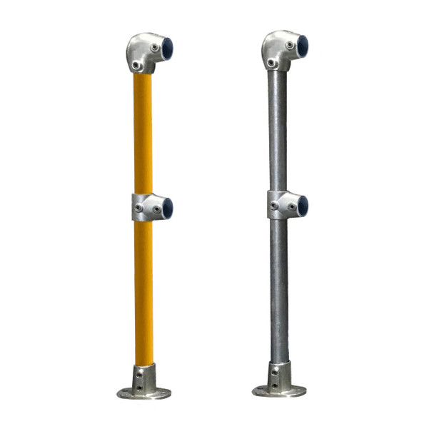 Ezyrail - End Stanchion (Fall) w/ Straight Angle Base Fixing Plate 0°-11° fittings - Galvanised and Yellow