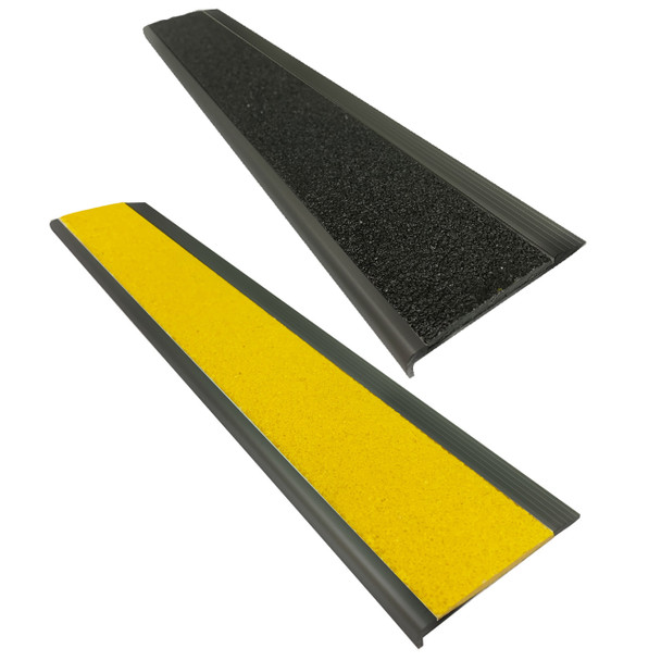 Black Anodised Aluminium Stair Nosing w/ Black OR Yellow Tough Fibreglass Anti Slip Insert 75mmx10mm - Per Metre