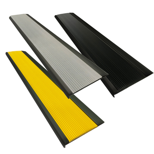 Black Anodised Aluminium Stair Nosing w/ Black OR Yellow OR Grey Rubber Insert 75mmx10mm - Per Metre