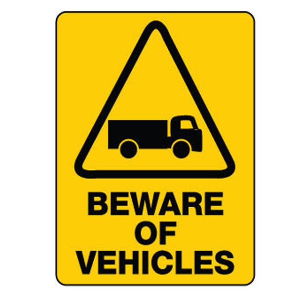 Warning Sign - BEWARE OF VEHICLES - 450mm X 600mm Metal