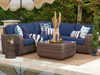 Valencia Sangria Outdoor Wicker and Spectrum Indigo Cushion 4 Pc. Sectional Group with 34 in. Sq. Glass Top Chat Table