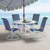 Cape Coral White Aluminum and Navy Sling 5 Pc. Swivel Dining Set + 48 in. D Slat Top Table