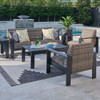 Chelsea Textured Black Aluminum and Weathered Teak Outdoor Wicker with Concealed Cushions 4 Piece Sofa Group + 46 x 26 in. Coffee Table