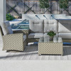 Gramercy Sea Grey Outdoor Wicker with Cast Silver Cushions 3 Piece Swivel Sofa Set + 32 in. Sq. Coffee Table 