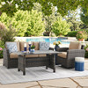 Venice Silver Oak Outdoor Wicker with Cushions 3 Piece Swivel Sofa Group + 59 x 32 in. Aluminum Top Lounge Table