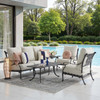 Naples Aged Bronze Cast Aluminum with Estate Cushions 4 Piece Sofa Group + Club Chairs + 45 x 24 in. Coffee Table