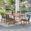 Hampton Driftwood Outdoor Wicker and Solid Teak 7 Piece Side Dining Set + 67-87 x 47 in. Extension Table