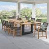Hampton Driftwood Outdoor Wicker and Solid Teak 9 Piece Arm Dining Set + 87-118 x 47 in. Balencia Extension Table