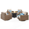 Siesta Aged Teak Outdoor Wicker with Cushions 5 Piece Swivel Chat Set + 36 in. D Carlisle Slat Top Fire Pit