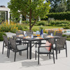 Portofino Husk Midnight Aluminum with Cushions 9 Piece Arm Dining Set + 64 in. Sq. Dining Table
