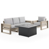 Montauk Weathered Wood Polymer with Cushions 5 Piece Modular Sofa Group + 42 in. Sq. Black Sintered Fire Pit Table