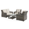 Tangiers Canola Seed Outdoor Wicker and Charmer Limestone Cushions 4 Piece Loveseat Group + 46 x 26 in. Coffee Table