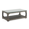 Tangiers Canola Seed Outdoor Wicker and Charmer Limestone Cushions 4 Piece Swivel Loveseat Group + 46 x 26 in. Coffee Table