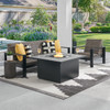 Chelsea Textured Black Aluminum and Weathered Teak Outdoor Wicker Concealed Cushions 3 Piece Sofa Group + 42 in. Sq. Fire Pit Table
