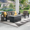 Chelsea Textured Black Aluminum and Weathered Teak Outdoor Wicker Concealed Cushions 3 Piece Sofa Group + 52 x 32 in. Fire Pit Table