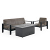 Chelsea Textured Black Aluminum and Weathered Teak Outdoor Wicker Concealed Cushions 3 Piece Sofa Group + 52 x 32 in. Fire Pit Table