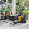 Chelsea Textured Black Aluminum and Weathered Teak Outdoor Wicker Concealed Cushions 4 Piece Swivel Sofa Group + 42 in. Sq. Fire Pit Table