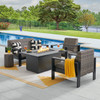 Chelsea Textured Black Aluminum and Weathered Teak Outdoor Wicker Concealed Cushions 4 Piece Loveseat Group + 52 x 32 in. Fire Pit Table