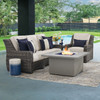 Tangiers Canola Seed Outdoor Wicker and Charmer Limestone Cushions 3 Piece Sofa Group + 42 in. Sq. Fire Pit Table