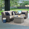 Tangiers Canola Seed Outdoor Wicker and Charmer Limestone Cushions 3 Piece Swivel Sofa Group + 42 in. Sq. Fire Pit Table