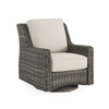 Tangiers Canola Seed Outdoor Wicker and Charmer Limestone Cushions 3 Piece Swivel Sofa Group + 42 in. Sq. Fire Pit Table