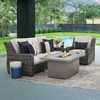 Tangiers Canola Seed Outdoor Wicker and Charmer Limestone Cushions 3 Piece Swivel Sofa Group + 52 x 32 in. Fire Pit Table