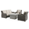 Tangiers Canola Seed Outdoor Wicker and Charmer Limestone Cushions 4 Piece Sofa Group + 42 in. Sq. Fire Pit Table