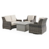 Tangiers Canola Seed Outdoor Wicker and Charmer Limestone Cushions 4 Piece Swivel Loveseat Group + 42 in. Sq. Fire Pit Table