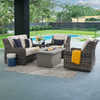 Tangiers Canola Seed Outdoor Wicker and Charmer Limestone Cushions 4 Piece Swivel Loveseat Group + 52 x 32 in. Fire Pit Table
