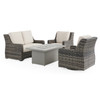 Tangiers Canola Seed Outdoor Wicker and Charmer Limestone Cushions 4 Piece Swivel Loveseat Group + 52 x 32 in. Fire Pit Table