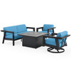 St. Lucia Midnight Aluminum with Canvas Sky Blue Cushions 4 Piece Swivel Sofa Group + 42 in. Sq. Fire Pit Table