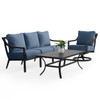 Hill Country Aged Bronze Aluminum and Spectrum Denim Cushions 3 Piece Swivel Sofa Group + 48 x 28 in. Coffee Table