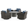 Venice Silver Oak Outdoor Wicker with Spectrum Denim Cushions 5 Piece Swivel Chat Set + 48 in. D Driftwood Sintered Fire Pit Venice Silver Oak Outdoor Wicker with Spectrum Denim Cushions 5 Piece Swivel Chat Set + 48 in. D Driftwood Sintered Fire Pit
